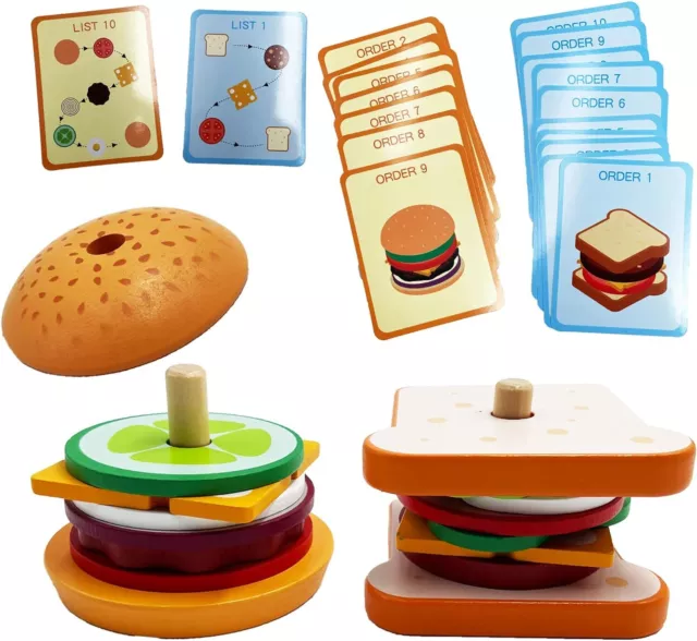 Montessori Toys for 3 Year Olds - Wooden Stacking Toys Burger Sandwich with Ord