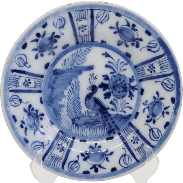 Antique Dutch Delft Kraak Style Pottery Blue & White Peacock Plate 18th century