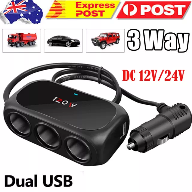 3 Way Multi Car Cigarette Lighter Socket Splitter Dual USB Charger-Power Adapter