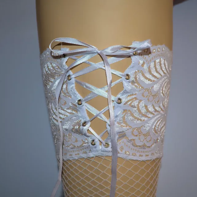 Plus Size Fishnet Stockings Thigh High Wide Lace Top back Lace-up WHITE OR BLACK 3