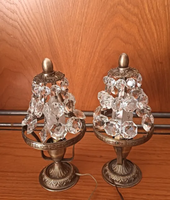 Antique Vintage Pair French Brass Crystals Empire-style Boudoir Table Lamps