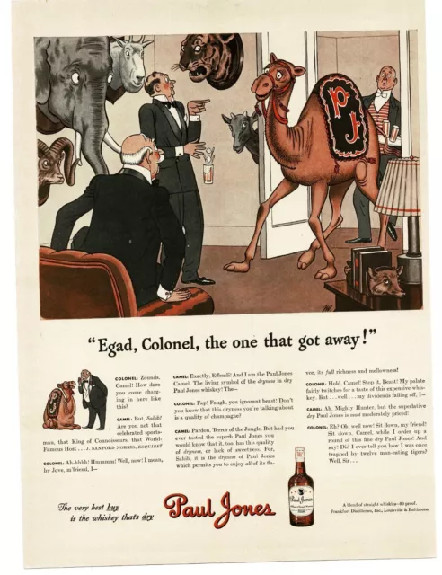 1943 Paul Jones Whiskey Camel Mascot barges into Men's Club art Vintage Print Ad