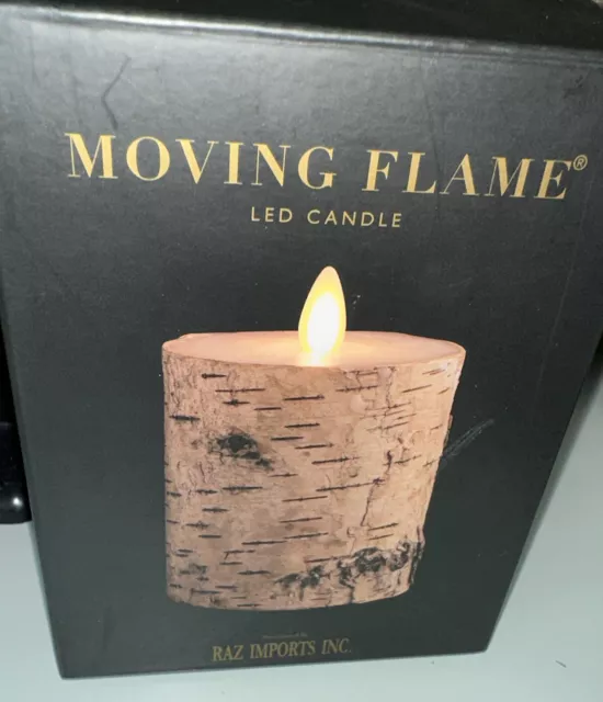 MOVING FLAME BIRCH WRAPPED PILLAR CANDLE Realistic RUSTIC Faux Candle NEW MinT