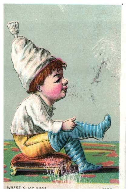 Antique Trade Card Vintage Victorian Where's my Shoe Boy Pulling Stockings M3