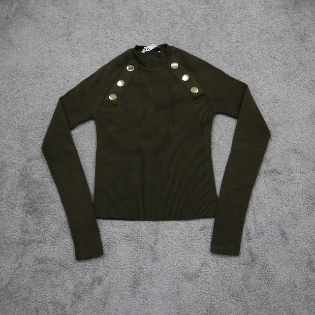 ZARA Womens Knitted Pullover Sweater Crew Neck Long Sleeves Button Green Size S