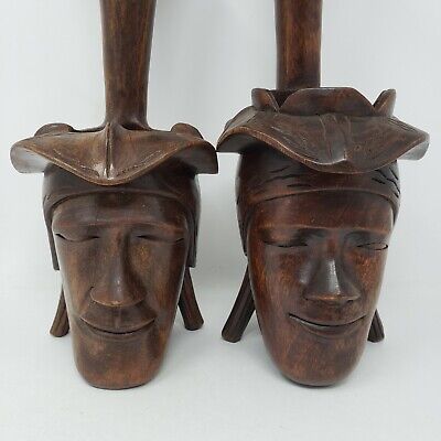 Pair of Vintage Carved Wood Igorot Philippines Figure Offering Bowl 19.5" 2