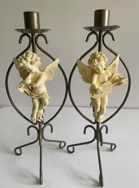 2 Vintage Candleholders Cherub Musician Figurines   2 Pc. On Wrought Iron Frame