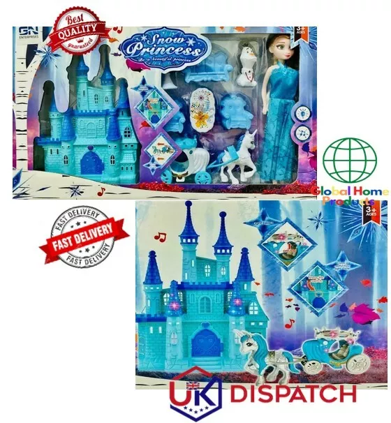 Blue Frozen Princess Castle Musical Play Set Light Music Girl Toy Doll Eid Gift