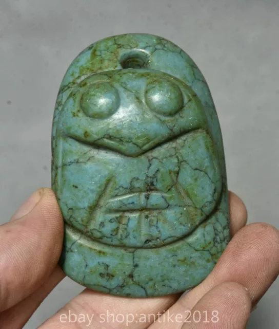 3 " Old Chinese Hongshan Culture Blue Turquoise Carved Bat Beast Amulet Pendant