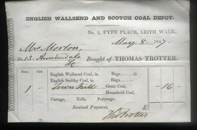 1847 Leith Walk, Thomas Trotter, English Walsend & Scotch Coal Depot, Receipt