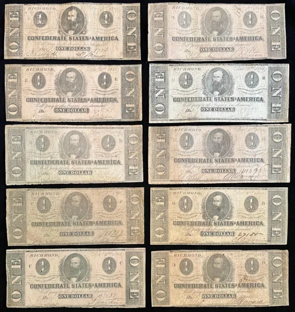 Lot of Ten (10) T-55 1862 $1 Confederate CSA Notes! Great for dealer/reseller!