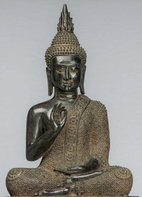 Antique Thai Style Bronze Buddha Statue Dharmachakra Teaching Mudra - 58cm/23" 2