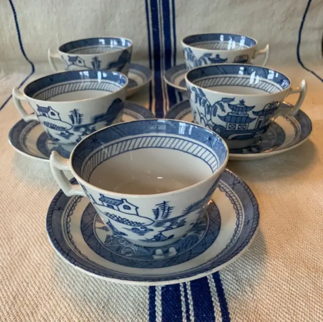 Wood & Sons Blue English Transferware Set of 5 Cups and Saucers Canton Pattern