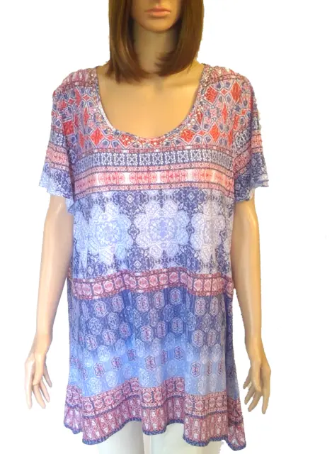 RUBY RD 2X Boho Top Red White Blue Blouse Flowy Relaxed Short Sleeve Beach Tunic