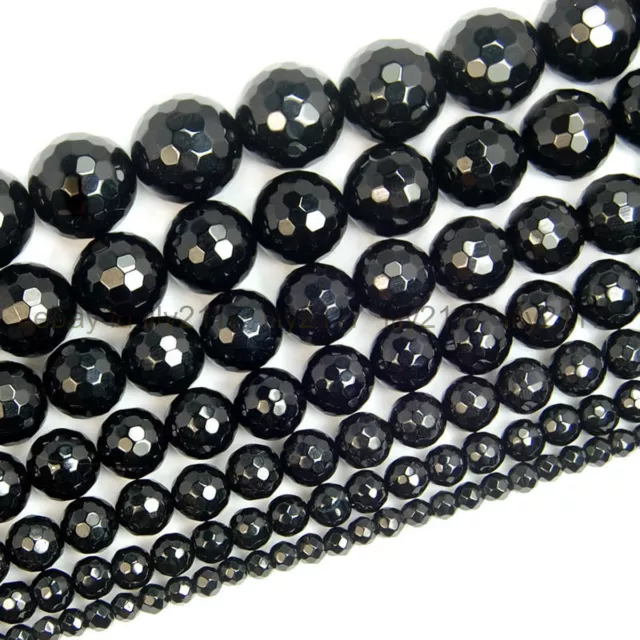 Natural Black Onyx Agate Faceted Gem Round Loose Beads 15" 4mm 6mm 8mm 10mm 12mm