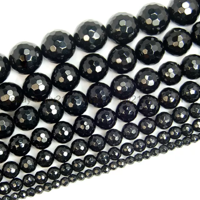 Natural Black Onyx Agate Faceted Round Gems Beads 15" 4mm 6mm 8mm 10mm 12mm 14mm