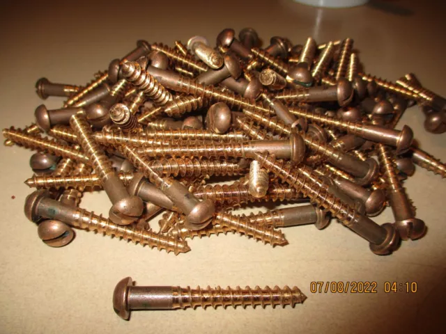 26 - VINTAGE N.O.S. SOLID BRONZE SLOTTED ROUND HEAD WOOD SCREWS, 2" x #14 - USA