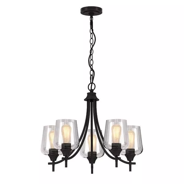 23 in.  Black Chandelier with Clear Glass Shades, pendant, ceiling light fixture