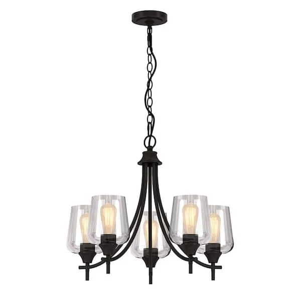 23 in.  Black Chandelier with Clear Glass Shades, pendant, ceiling light fixture