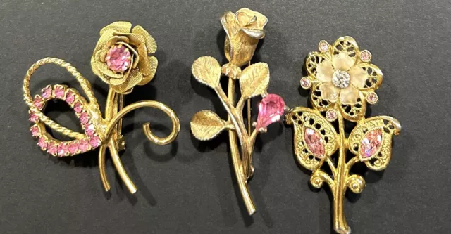 Vintage Gold Tone Flower Brooch Pin Lot Of 3 Pink Rhinestones Rose Signed Avon