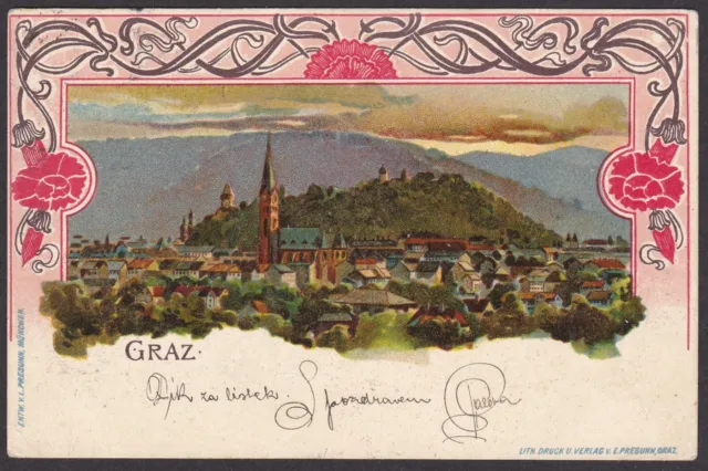 22895 Graz Panorama Litho mit Jugendstil Rahmen um 1900