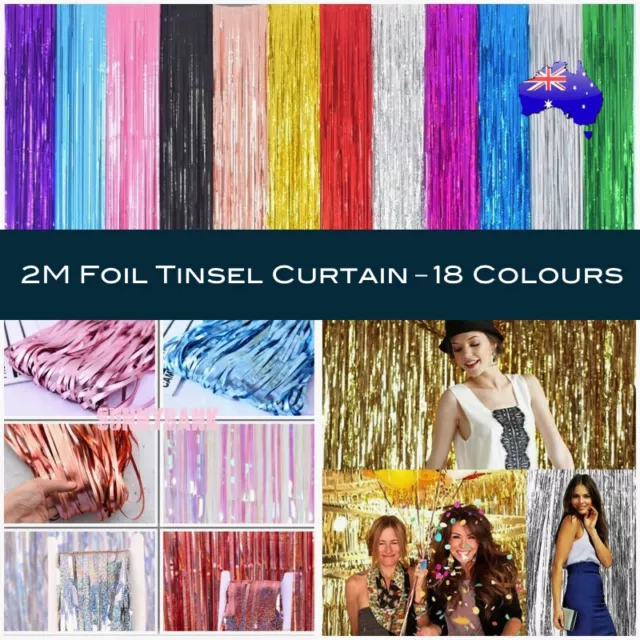 2M Metallic Tinsel Curtain Foil Backdrop Wedding Birthday Party PomPom Decor AUS