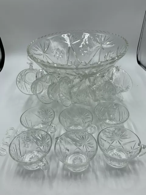 Anchor Hocking Glass Clear Early American Prescut Punch Bowl  Cups, 26 piece BOX