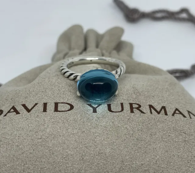 David Yurman 12x10mm Oval Blue Topaz Silver Stack Ring Size 7