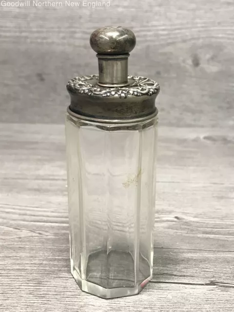Vintage Sterling Silver Lidded Glass Cosmetic Vanity Jar 4 1/2" x 1 1/2"