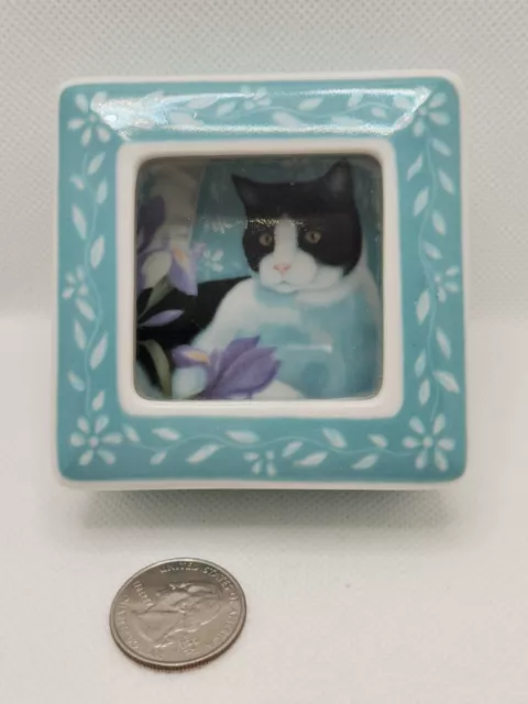 1989 Hallmark Cat Trinket Shadow Box Porcelain Black White Cat Purple Iris Blue