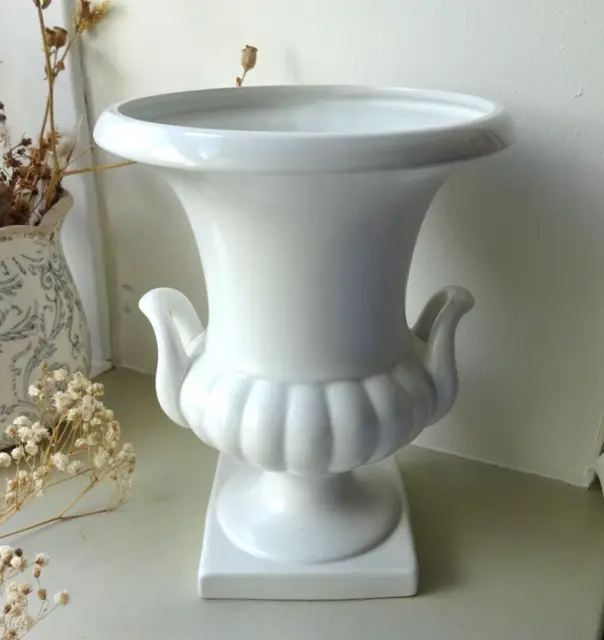 Vintage urn shaped vase, matt creamy white ceramic vase, flower arranging urn