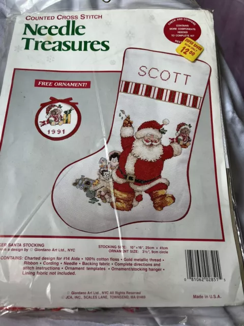 Sleigh Bell Santa counted cross stitch Stocking Kit, Needle Treasures,  Sealed
