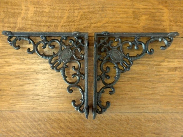 2 BROWN ANTIQUE-STYLE 8" SHELF BRACKETS CAST IRON garden wall rustic VICTORIAN