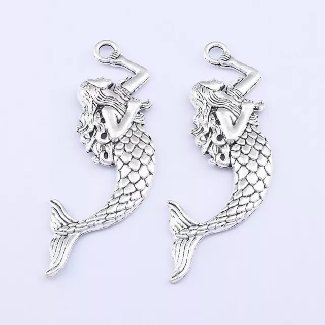 10 Large Mermaid Goddess Nautical Charms Pendants Antique Silver Tone 76mmx24mm