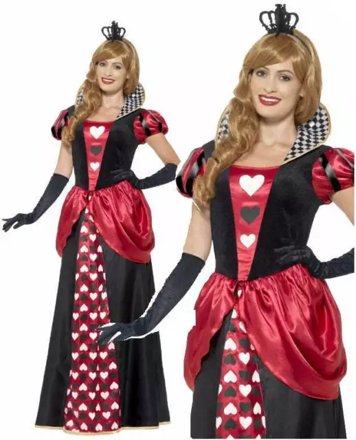 Royal Red Queen Of Hearts Ladies Fairytale Fancy Dress Costume Sizes S-XXL