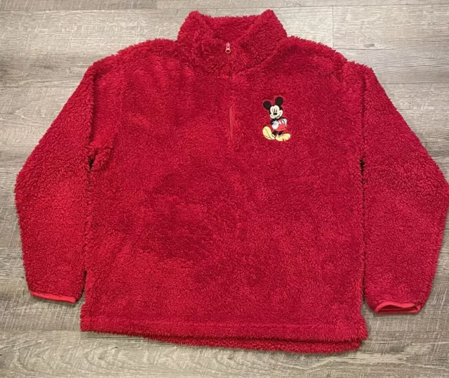 Disney Mickey Mouse Fleece Sherpa Sweater Womens Cozy Red Zip Sweatshirt XL