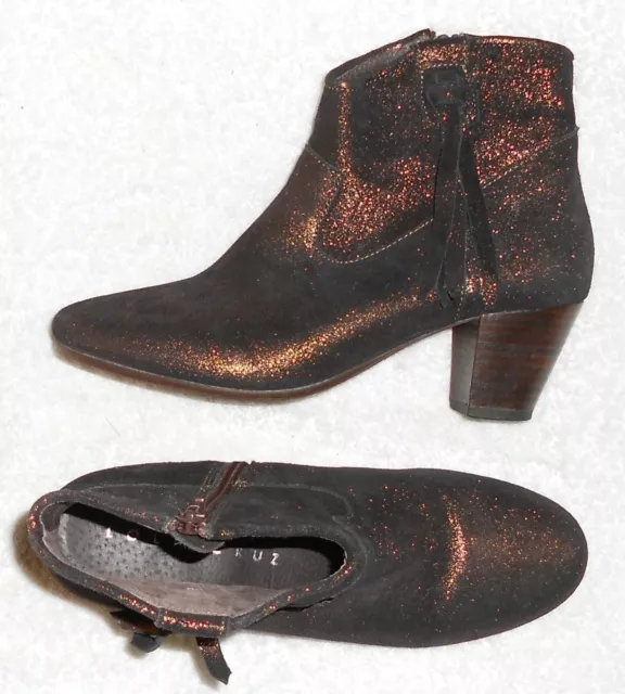 LOLA CRUZ bottines zippées daim marron pailletées cuivre P 38 = 38½ TBE