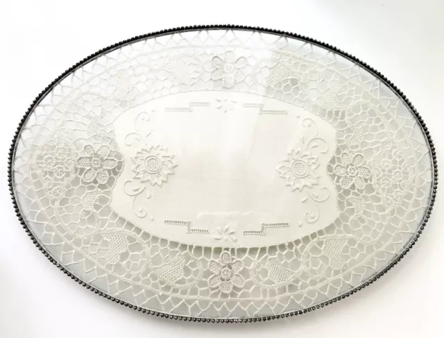 Antique Vanity Tray Oblong Lace under Glass Metal Frame 16x11