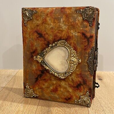 Antique 1898 Victorian Solid Brass Accents With Silver Heart Mirror Photo Album