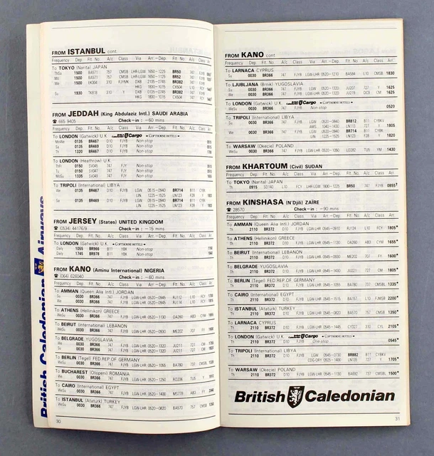 British Caledonian Timetable Winter 1987/88 Mediterranean Near East Issue Bcal 2