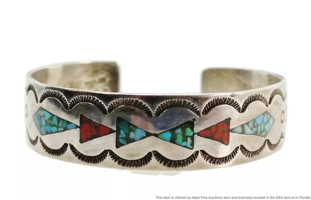 Vintage Turquoise Mosaic Coral Chip Inlay Sterling Silver Cuff Bangle Bracelet