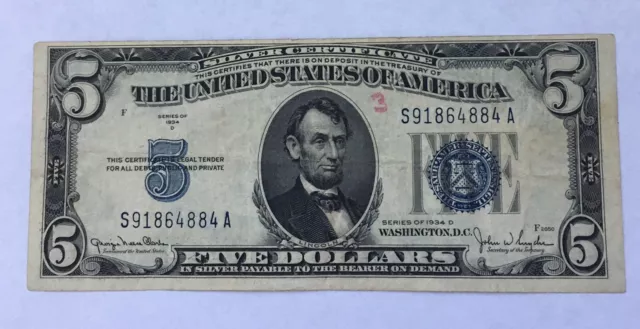 1934 D Silver Certificate Five Dollar Bill With Blue Seal