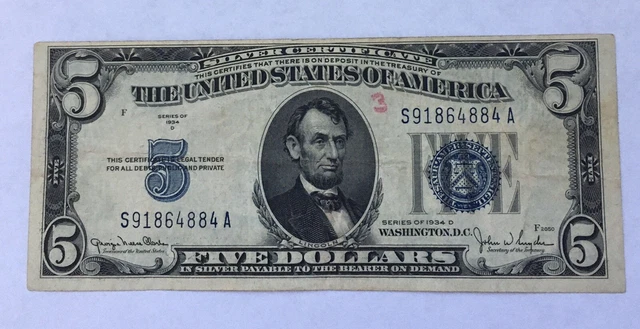 1934 D Silver Certificate Five Dollar Fancy Serial# Trip 8’s, Part Radar, Crisp