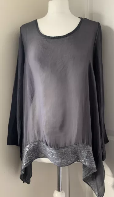 BNWT Guilia 100% Silk Grey Sheer Sequin Top Blouse Dip Hem Italy Sz Small Boho