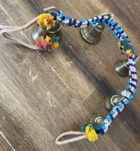 Old Vintage Antique Indian Southeast Asian Brass Bells On Rope With Blue Beads