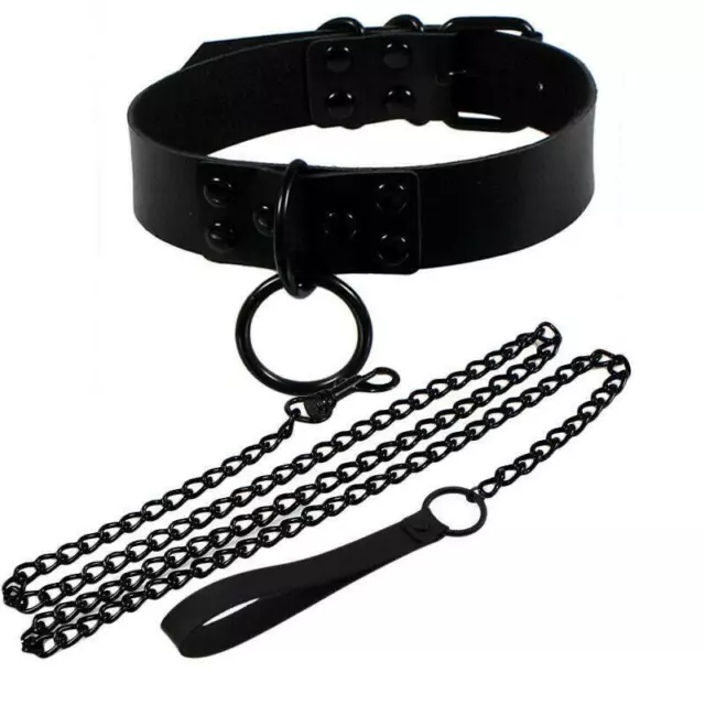 Halsband mit Leine Ring schwarz/Rot BDSM Erotik Kette Fetisch Bondage Kunstleder