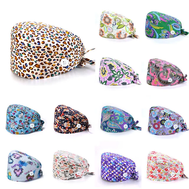 Adjustable Surgical Cap Doctor Nurse Cotton Sweat Absorbent Hat Button Headcover