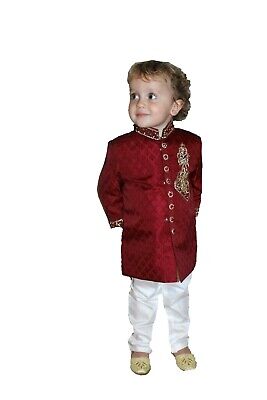 Ragazzi Sherwani Vestito Rosso Seta Oro Ricamo Per Bambini Ragazzi Indiano Pakistano Stile