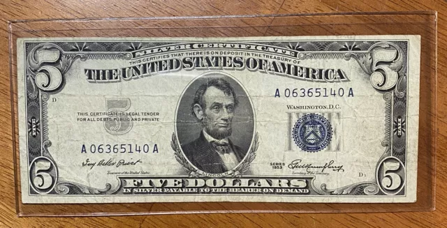 1953 Five Dollar Bill Blue Seal Silver Certificate