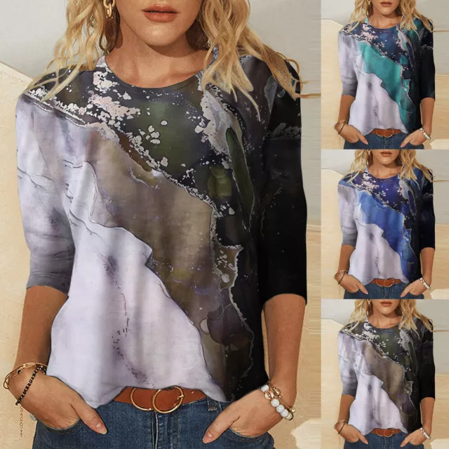 Women's Daily Summer Print O-Neck Tops Three Quarter Sleeve Round-Neck Tee Shirt